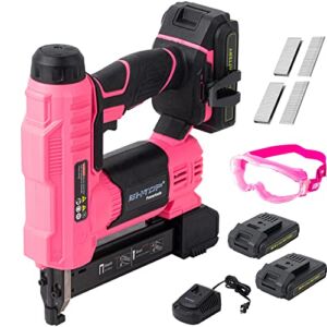 BHTOP 2 Batteries 20V Cordless Brad Nailer＆Stapler, 18 Gauge 2 in 1 Stapler Kit, Heavy Finish Nail Gun with 2.0A Rechargeable Battery, Charger, 2500 Brad Nails and 500 Staples in Pink