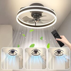 Low Profile Ceiling Fans with Lights and Remote, Oscillating Flush Mount Ceiling Fan, Reverse Airflow, Dimmable 3 Color, 6 Wind Speed &Timing Setting, Enclosed Bladeness Ceiling Fan, Black, 19.7”