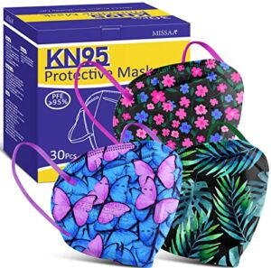 MISSAA KN95 Face Masks 30Pcs, 5-Ply Breathable Protection Disposable Face Masks with Elastic Earloop for Adult, Men, Women, Indoor, Outdoor Use, Flowers