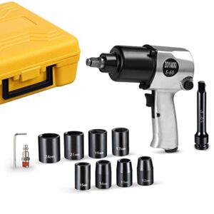 1/2″ Air Impact Wrench Set, 520Nm, 5 Speed, Double Hammer, 7 Rotor Slots, Pneumatic Impact Gun, with 8 Metric Impact Sockets,and Blow Molded Carrying Case