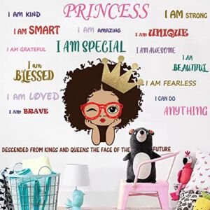 Black Girl Inspirational Quote Princess Crown Nursery Positive Sticker Decor Lettering Motivational Saying African American Sticker, Girl Bedroom Room Baby Toddler Decorations Afro Kids Bedroom Wall Art Playroom.