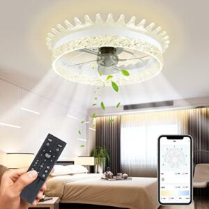 Low Profile Small Ceiling Fan with Light, Low-Noise LED Flush Mount Ceiling Fan with Dimmable Light and Remote, 3 Color Fan Light, Bright or Soft Lighting, Hidden Blades, 6 Speeds, 22.44″x7.08″, White
