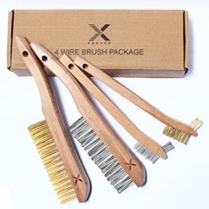 FAHXEE Wire Brush, Pack of 4 – 9.5 in. Stainless Steel & 8 in. Brass Beachwood Handle – Multipurpose Wire Brushes for Cleaning Rust, Dirt & Paint Scrubbing