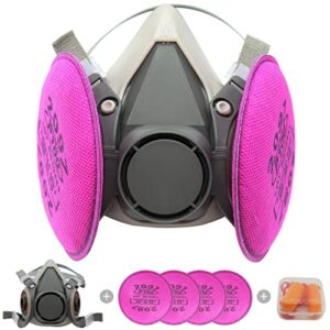 Respirator mask with Filters Set – Reusable Half Facepiece Cover with 4pcs 2097 Filter and Earplugs for Paint, Epoxy Resin, Fumes, Woodworking, Organic Vapor Gas Perfect for House DIY Project