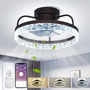 20″ Ceiling Fan with Light and Remote Control, Crystal Low Profile Ceiling Fan Dimmable LED 3 Color 3 Speeds Timing, Flush Mount Ceiling Fan for Kids Room Bedroom Living Room Kitchen