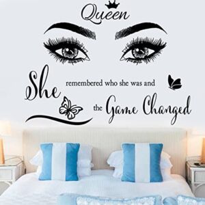 Inspirational Wall Sticker Pretty Eyelashes Eyes Wall Decals Motivational Word Letter Decal Wall Art Quote She Remembered Who She Was and The Game Changed Wall Stickers for Women Girls Bedroom Living Room Beauty Salon Yoga Studio Home Decor