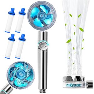 High Pressure Shower Head Hydro Jet Shower Head Vortex Shower Head Angle-adjustable Shower Head with Turbofan and 4 Filter and Pause Switch(blue)