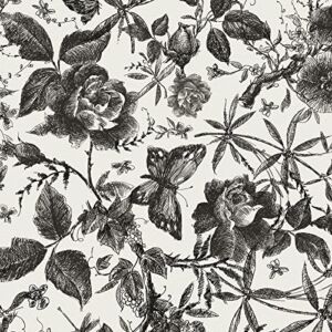JiffDiff Floral Wallpaper Peel and Stick, Vintage Wallpaper Wall Stick Black Rose Removable Vinyl Wallpaper Sketch Floral Wall Mural Wall Decor 15.75inX 9.85ft