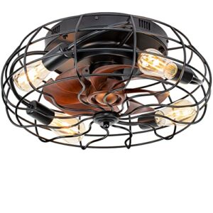 SUNVIE Caged Ceiling Fan with Light 20” Low Profile Flush Mount Ceiling Fan with Lights Remote Control Industrial Black Bladeless Ceiling Fan with Reversible Motor for Bedroom Kitchen (No Bulb)