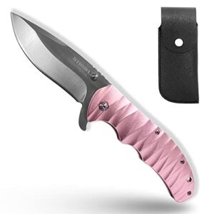 Pocket Knife Womens with Pink Handle, EDC Folding Knife with 8Cr14Mov High-carbon Steel Hand Satin Finished 3.8inch Blade and PU Leather Sheath, Excellent Gifts for Men Women