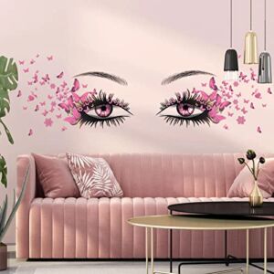 Beautiful Eyelash Eyes Wall Stickers Flying Butterfly Wall Decals Beautiful Girl Heart Wall Decor Vinyl Wall Art Butterflies Wall Decor Stickers for Women Girls Bedroom Living Room Decoration (Pink)
