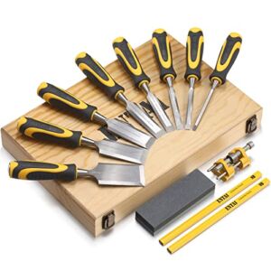 ENTAI 12-Piece Wood Chisel Set, with 8-Piece CR-V Wood Chisel, 1-Piece Honing Guide, 1-Piece Sharpening Stone and 2 Carpenter Pencils, Premium Solid Wood Case for Carpentry Woodworking, Carving