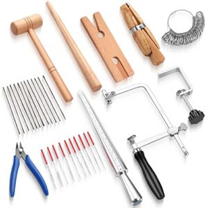 Jewelers Tools Set Including Jeweler Saw Frame Bench Pin Clamp Diamond Needle File Wooden Ring Clamp and Ring Sizer Mandrel Measuring Tool Jeweler’s Mallet Hammer Stick for Jewelry Making