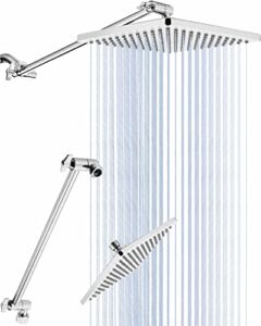 8” Rain Shower Head with Matching 15” Extension Arm- Square Shower Head- Extra Long Height and Angle Adjustable Shower Head Extension Arm for Large Surface- Singing Rain Ultimate Shower Experience