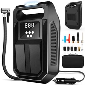 Tire Inflator Portable Air Compressor 12V DC Car Air Pump with Digital Display, LED Light, Auto Shut Off Function, Set of Nozzle Adaptors for Car, Motorcycle, Bicycle, Ball, and Other Inflatables