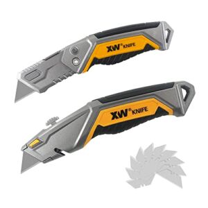 XW Utility Knife Set, Heavy Duty Zinc Alloy Retractable Box Cutter and Folding Utility Knife with Blade Storage Design, Extra 10 Blades Included, 2-Pack