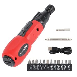 BLUEHADA 16Pcs Cordless Screwdriver Accessories Kit – 3.6V Li-ion 800mAh Rechargeable Electric Screwdriver with Magnet Double End Drill Bit, 2 to 10Nm Max Torgue, LED Light, USB Cable, Red