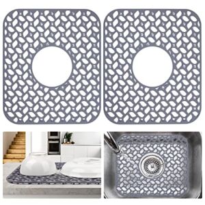 JUSTOGO Silicone Sink Mat, Grey Kitchen Sink Mats Grid Accessory, 2 PCS Folding Non-slip Sink Protector for Kitchen Bottom of Farmhouse Stainless Steel Porcelain Sink (Center Drain, 13.58”x 11.6”)