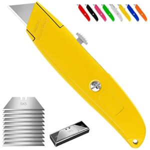 DIYSELF 1 Pack Box Cutter Retractable with 10 Blades, Box Opener Heavy Duty Razor Blades Utility Knife for Cardboard, Carton, Box Knife for Garage, Warehouse, Razor Knife Exacto Knife (Yellow)