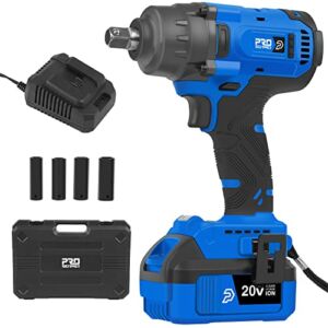 Cordless Impact Wrench 1/2 Inch, Prostormer 370Ft-Lbs High Torque Brushless Impact Wrench Set with 4.0Ah Battery, Fast Charger and 4Pcs Sockets, 20V Battery Powered Impact Gun for Car Lug Nuts