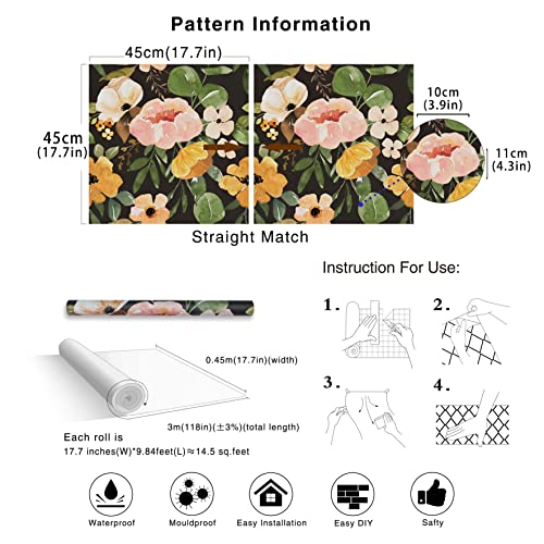 HaokHome 93215-1 Vintage Boho Floral Peel and Stick Wallpaper Peonies Removable Rose Black/Brown/Oliva Vinyl Self Adhesive Mural 17.7in x 9.8ft | The Storepaperoomates Retail Market - Fast Affordable Shopping