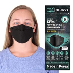 [30 Packs] PUREMATE Made in Korea KF94 Face Mask Individual Wrapped Filter Efficiency ≥ 94% (Black M)