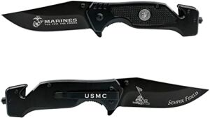 Black Stealth Marine Corps Folding Elite Tactical Knife – USMC Combat Rescue Knife – Great Gift for the Veteran in your Life