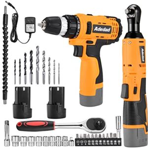 Adedad 12V Cordless Brushless Ratchet Wrench & Drill Combo Kit, 3/8″ 40Ft-lbs Torque 400 RPM Ratchet Wrench & 21+1 Metal Drill with 2 Batteries Home Power Tool Set