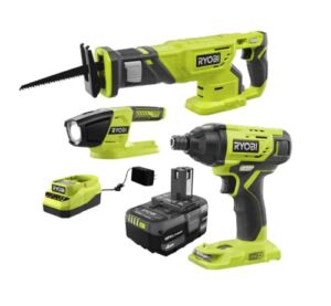 RYOBI – ONE+ 18V Cordless Combo Kit (3-Tool) with (1) 4.0 Ah Battery and Charger – PCK105KN