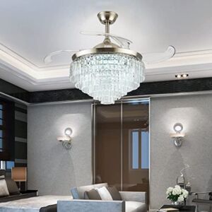 A Million Crystal Ceiling Fan with Light, 42inch Crystal Chandelier with Retractable Blades and Remote, 3 Speeds 3 Color Change Silent Motor Lighting Fixture (Sliver) Silver