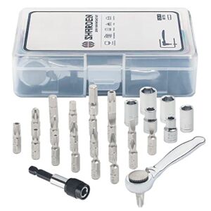 SHARDEN 1/4 Mini Ratchet Set 28pcs Right Angle Screwdriver and Bit with Metric Socket Set, 72 Tooth Small Ratcheting Wrench Offset Screwdriver Low Profile Stubby Ratchet for Tight Spaces