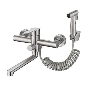ZHYICH Wall Mount Kitchen Sink Faucet with Side Sprayer, Commercial Faucet, Nickel Brushed Unility Sink Faucet, Mixer Tap, 7.7-8.3 Inches Center, Lead-Free, Spout Reach 9.2″
