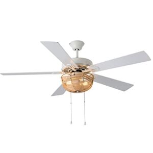 River of Goods LED Rattan Caged Ceiling Fan – 52″L X 52″W – Bohemian Ceiling Fan with Lights and Light Oak / White Blades