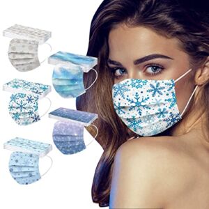 50Pcs Winter Disposable Face_Mask For Adults with Snowflake Adults Disposable Face_Masks for Glasses Wearers 3-ply Colorful Holiday Breathable Snow Facemask