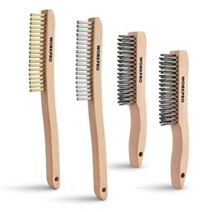 WORKPRO Wire Brush Set, 4Pcs Brass/Stainless/Carbon Steel Bristles Wire Scratch Brushes with Long Curved Beechwood Handle for Rust, Dirt & Paint Scrubbing with Deep Cleaning