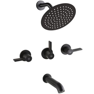 Matte Black 3 Handle Shower Faucet Set with Tub Spout, Tub and Shower Trim Kit with Rough-in Valve, Bathroom Rain Mixer Shower System, Rainfall Bathtub Shower Faucets