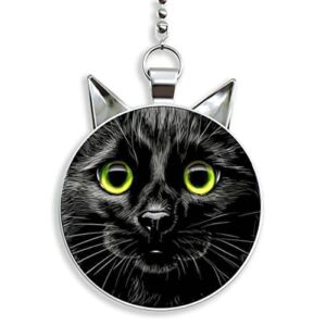 Green Eyed Black Cat Cat Shaped Fan/Light Pull Pendant with Chain