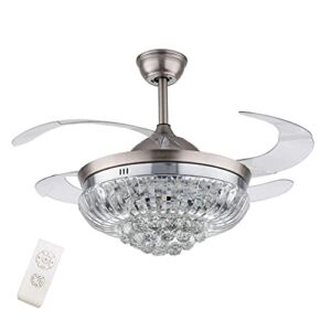 CNCEST 36Inch Crystal Ceiling Fan Modern LED Chandelier Retractable Blade with Remote Control,3 Color And 3 Speed Changes