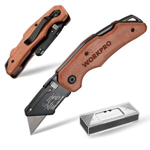 WORKPRO Folding Utility Knife with Stainless Steel Head, Quick-change Blade & Back Lock, Wood Handle Heavy Duty Box Cutter, 1PC Razor Knife with Extra 10PC SK5 Blades