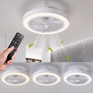 POWROL Ceiling Fan with Lights Low Profile Flush Mount Ceiling Fans with Remote Control 3 Wind Speeds Dimmable 3 Colors Iron 19Inch Invisible 8 Bladeless Enclosed White Fan Light for Bedroom Kitchen