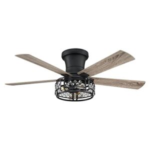 Parrot Uncle Ceiling Fans with Lights and Remote Black Flush Mount Ceiling Fan with Light for Bedroom, 52 Inch