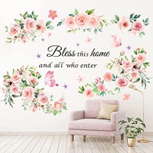 Floral Wall Decals Stickers Bless This Home and All Who Enter Decor Quotes Saying Wall Stickers Rose Peony Pink Flower Wall Decals Blossom Butterfly Decal for Girls Woman Bedroom Living Room Home
