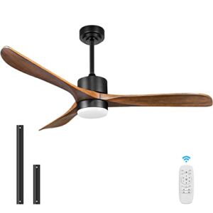 Wood Ceiling Fans with Lights Remote Control, Wisful 56” Modern Farmhouse Ceiling Fans Indoor/Outdoor with 3 Solid Wood Blades Quiet 6 Speeds Reversible, for Bedroom Living Room Patio-Matte Black
