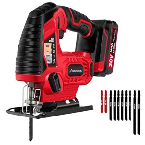 AVID POWER Jig Saw, 20V Electric Cordless Jigsaw with 2.0A Battery and Charger, 10PCS Blades, 3000 SPM Adjustable Speed, ±45° Bevel Cutting Tool for Woodworking