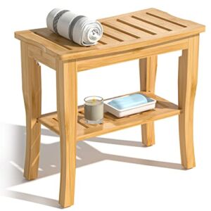 Bamboo Shower Bench & Stool Waterproof – Wood Shower Bench with Storage Shelf for Inside Shower(Classic Natural)
