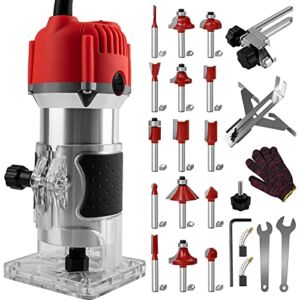 Compact Wood Router Tool 110V Electric Hand Woodworking Trimmer Palm Router kit with Gloves 15 PCS Router Bits (800W)