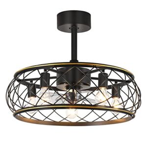 Ohniyou Industrial Caged Ceiling Fan with Lights Remote Control 20” Matte Black Farmhouse Ceiling Fan with Light Indoor Modern Enclosed Bladeless Ceiling Fan Lighting for Kitchen(Bulbs Not Included)