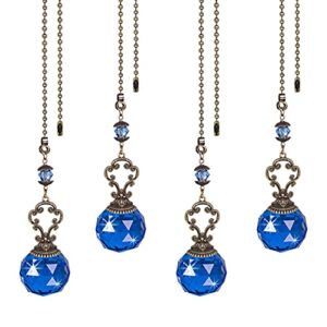 4Pcs Crystal Ceiling Fan Pull Chains Extender Ornaments, DSVENROLY Vintage Crystal Prism Ball Pendant Ceiling Fan Pulls Chain Set Extension for Ceiling Light Lamp Fan Chain with Beaded Ball (Blue)