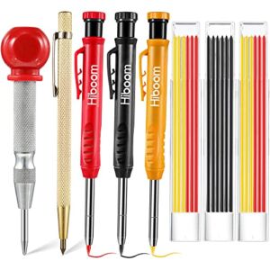 Hiboom 8 Pack Mechanical Carpenter Pencils Set with Center Punch, Carbide Scribe Tool, Solid Pencil Marker Tool with Built-in Sharpener, 21 Refills Red Yellow Gray, Great for Woodworking Architect