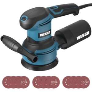 Power Random Orbital Sander, WESCO 3.2A Orbital Sander with Dust Bag，12 PCS Grit Velcro Sanding Papers, Six Variable Speed Control, 12000 RPM with Auxiliary Handle